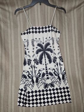 Women's Black & White Tropical Print Slip Dress